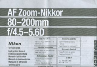 Nikon AF Zoom Nikkor 80 200mm F4.5 5.6D Lens Instruction Manual