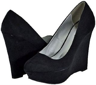 Qupid Worthy 01 Black Faux Suede Women Wedge Pumps Shoes