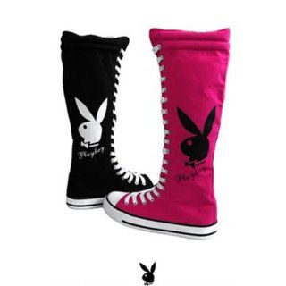 Womens Knee High Canvas Sneakers Lace Up Playboy Bunny Boots Black , 5