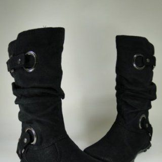 New Womens Black Buckle Slouchy Mid Calf Flat Boots #F39