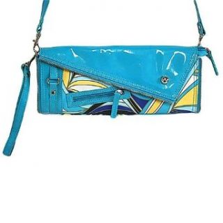 Geometric Pattern Turquoise Patent Leather Envelope Clutch