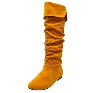 Mustard Yellow Tall Suede Styled Ruched Flat Boots Shoes