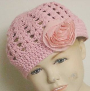 Hand Crocheted Pink Cotton Skull Cap with Removable Flower
