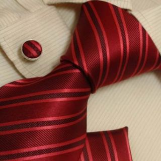 Red Silk Ties Cufflink Handkerchiefs for Men Stripes Silk