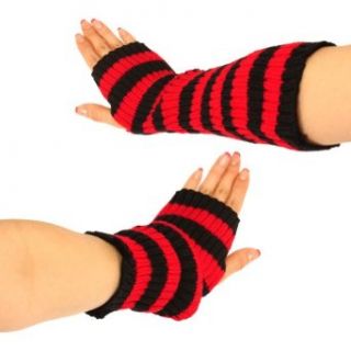 Knit Striped Arm Warmer Fingerless Long Gloves Red with