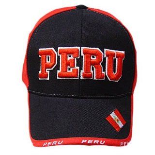 PERU BLACK RED ACRYLIC BASEBALL CAP HAT EMBROIDERED ADJ