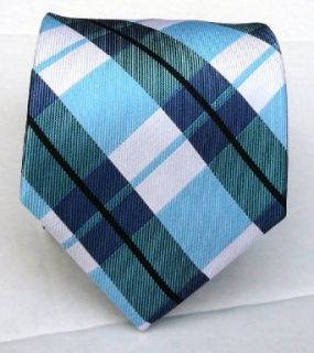 100% Silk Woven Mystic Blue Plaid Tie Clothing