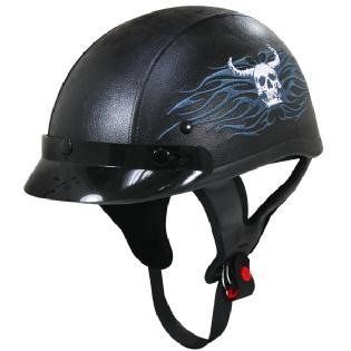 Dark Rider Black Leather Half Helmet with 3 Snap Visor and