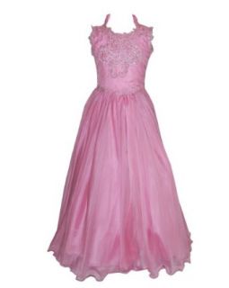 Girls Pink Long Dress Beaded Lace Trimmed Front and Back
