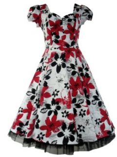 50s Vintage Tea Prom Floral Dress White, Black & Red
