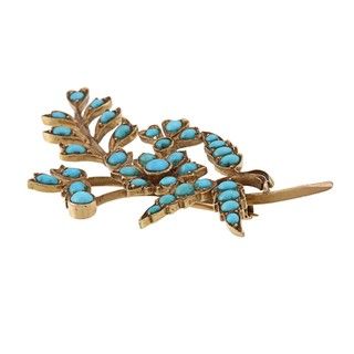 18k Yellow Gold Turquoise Leaf Estate Brooch