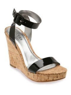com Guess Tivona Patent/Cork Wedge Sandal (10, Black Patent) Shoes