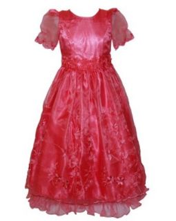 Girls Coral Satin Floral Embroidered Beaded Long Dress