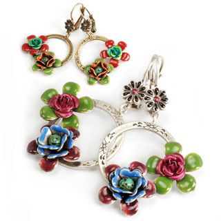 Sweet Romance Silvertone or Bronze Enamel Flower Earrings