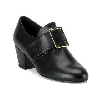 Womens Pilgrim Shoe W/Gold Buckle, 2 inch Black Faux Leather Shoes