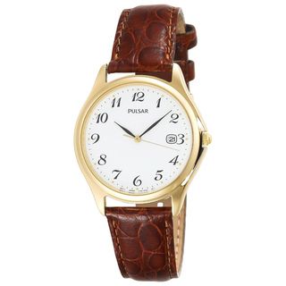 Pulsar Mens Goldtone Stainless Steel Leather Watch