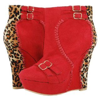 Anette06 Leopard Buckle Wedge Ankle Boots RED Shoes