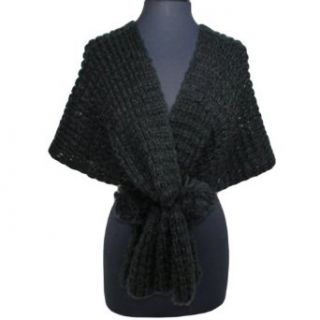 Black Thick Knit Shawl Wrap W/Pom Pom Ties Clothing