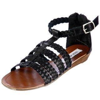 Steve Madden Womens Paggan Black Leather Flat Sandals