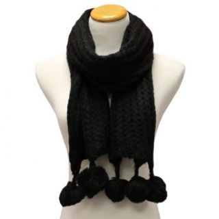 Black Open Knit Crocheted Ultra Soft Scarf W/Pom Poms