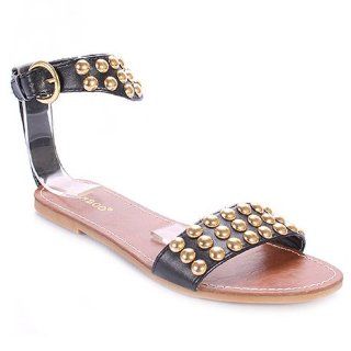  Bamboo MOD 16 Womens Studded Flat Sandals (6, Black) Shoes