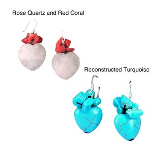 Sterling Silver Rose Quartz and Red Coral Dangle Earrings (Thailand