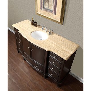 Silkroad Travertine Stone Top 60 inch Dark Walnut Bathroom Single Sink