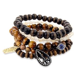 Brown Bead Peace, Evil Eye, and Feather Charm Stretch Bracelet Set