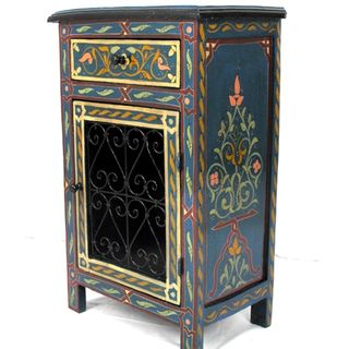 Handpainted Green Arabesque Wooden Storage/End Table (Morocco