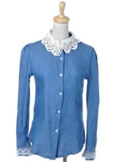 Anna Kaci S/M Fit Blue Denim L/S Button Down Shirt w Fancy