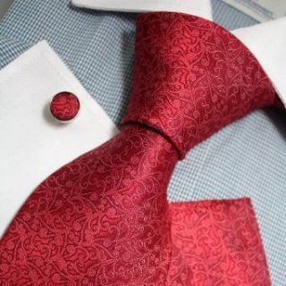 Red Patterned Woven Silk Tie Hanky Cufflinks Present Box