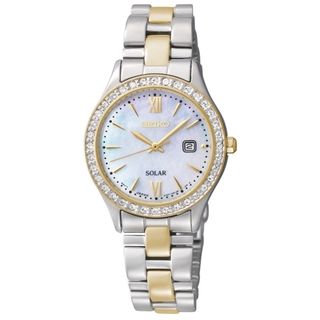 Seiko Womens Solar Mother of Pearl Dial Gold Diamond Watch