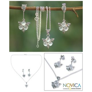 Sterling Silver Silver Clover Moonstone Jewelry Set (India