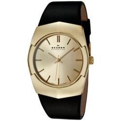 Skagen Mens Gold Dial Black Leather Watch Today $96.99