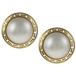 Gold over Silver Mabe Pearl Greek Key Border Earrings (14 mm