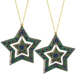 Set of 2 Paper Mache Blue Flower Star Christmas Ornaments (India
