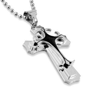 Stainless Steel Layered Cross with Black Accent Necklace