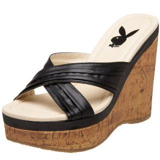  Playboy Womens Panache Criss Cross Wedge,Black,6 M US Shoes