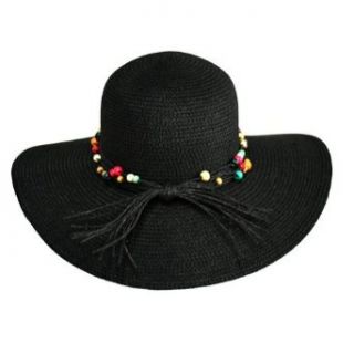 Wide Brim Black Floppy Hat Multicolor Bead Hatband