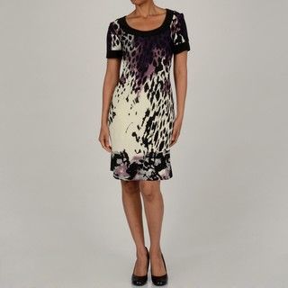 Tiana B Womens Purple 3/4 Sleeve Scoop Neck Animal Printed Dress