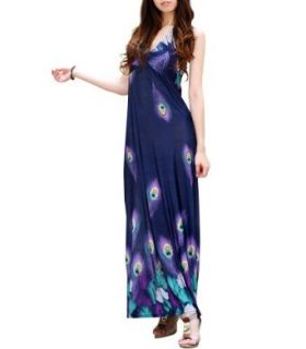 Purple Peacock Print Navy / Dark Blue Long Maxi Dress