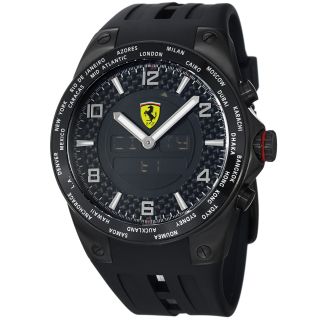 Ferrari Mens World Time Black Analog Digital Dial Black Strap Watch