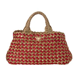 Prada Red/ Honey Bi Color Raffia Tote Bag