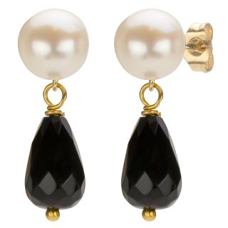 DaVonna 14k Gold White FW Pearl and Black Onyx Drop Earrings (6 6.5 mm