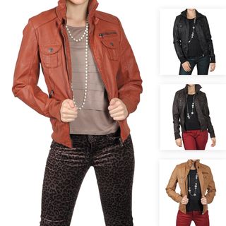 Journee Collection Juniors Topstitch High Collar Faux Leather Jacket