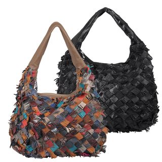 Journee Collection Womens Fringed Basketweave Leather Hobo Bag