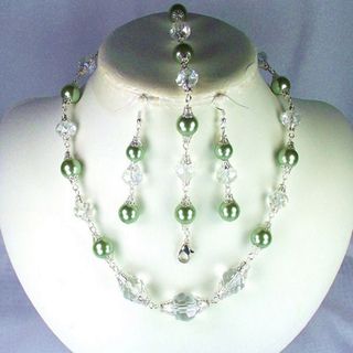 Angelic Clear Crystal and Sage Green Glass Pearl Wedding Jewelry Set