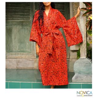 Cotton Red Floral Kimono Batik Robe (Indonesia)
