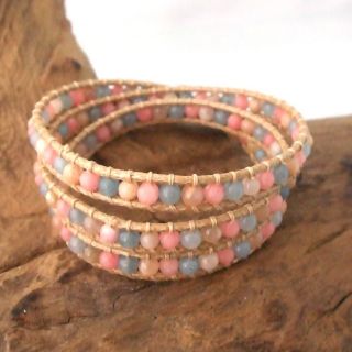 Rosy Magic Rose Quartz Stone Snake Cord Wrap Leather Bracelet