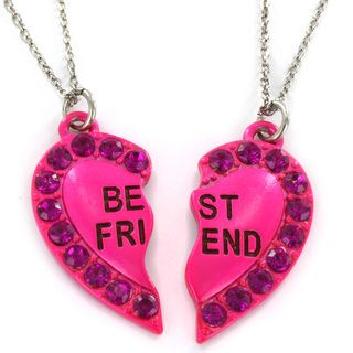 Silvertone Pink Resin Best Friend Heart 2 piece Necklace Set